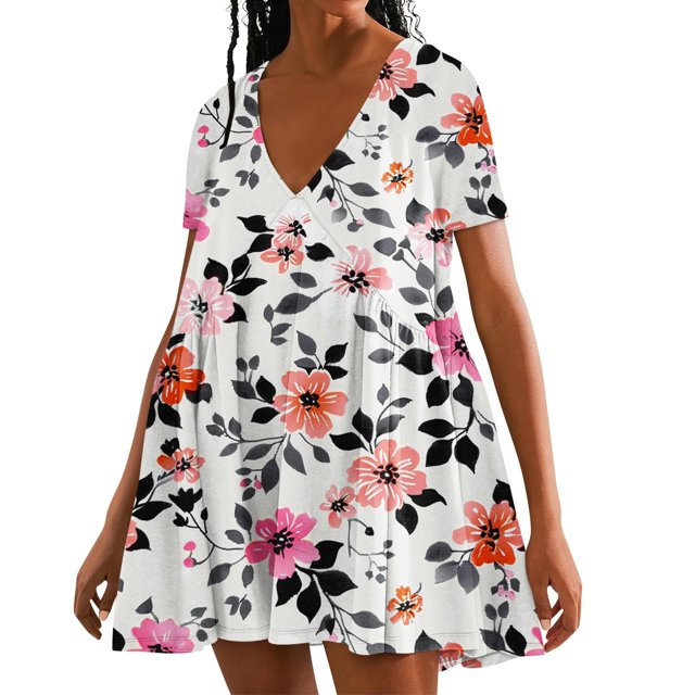 PEZHADA Robe d'Été pour Femmes avec Manches Mode Femme Été Décontractée Ample Imprimée Sans Manches à Col en V Robe Ample d'Été pour Femmes