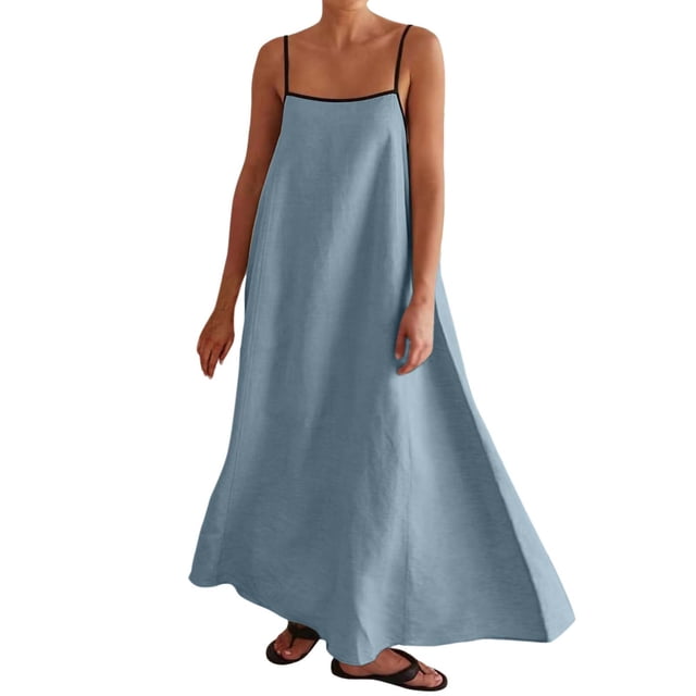 Wdgfv Robe Maxi d'Été pour Femmes avec Bordure Contrastée Bretelles Spaghetti Dos Nu Sans Manches Robe Longue Décontractée de Plage