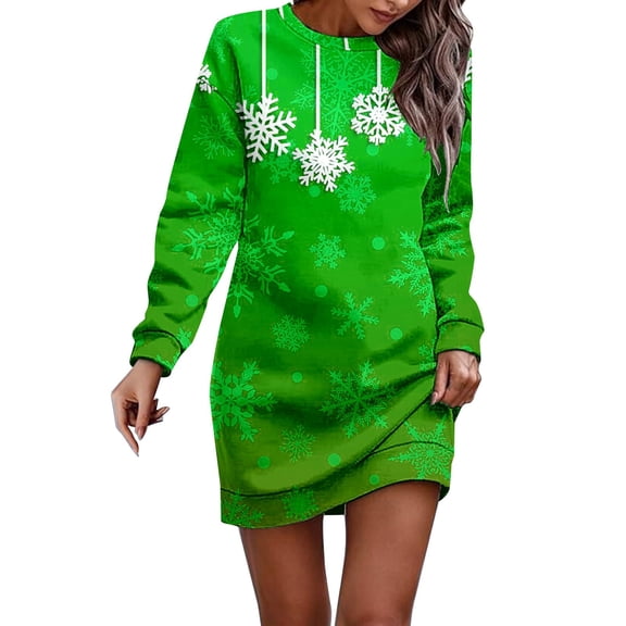 Fiaer Christmas Snowflake Long Sleeve Dress for Women Sweatshirt Dress Fall Fashion Outfits Casual Mini Dress Green XXL