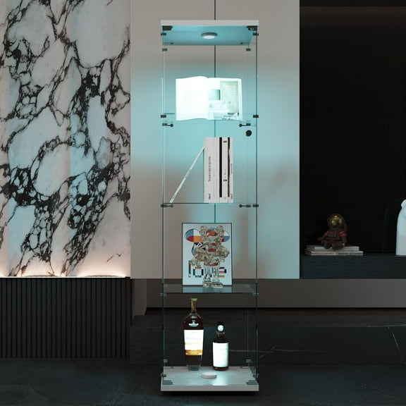 Glass Display Cabinet, 4 Shelves with LED Light and Lock, Bookshelf Curio Cabinets Upgraded Quick-Install Style Tempered Glass Floor Standing Bookshelf (White, 4 Shelf & 1 Door -LED)