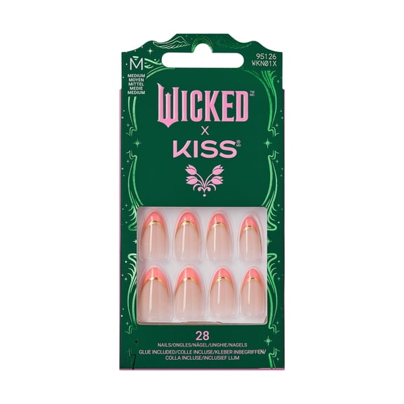 WICKED X Kiss Press On Nails Almond, ‘Glamorous Gal’, Pink, Medium, 28 Count