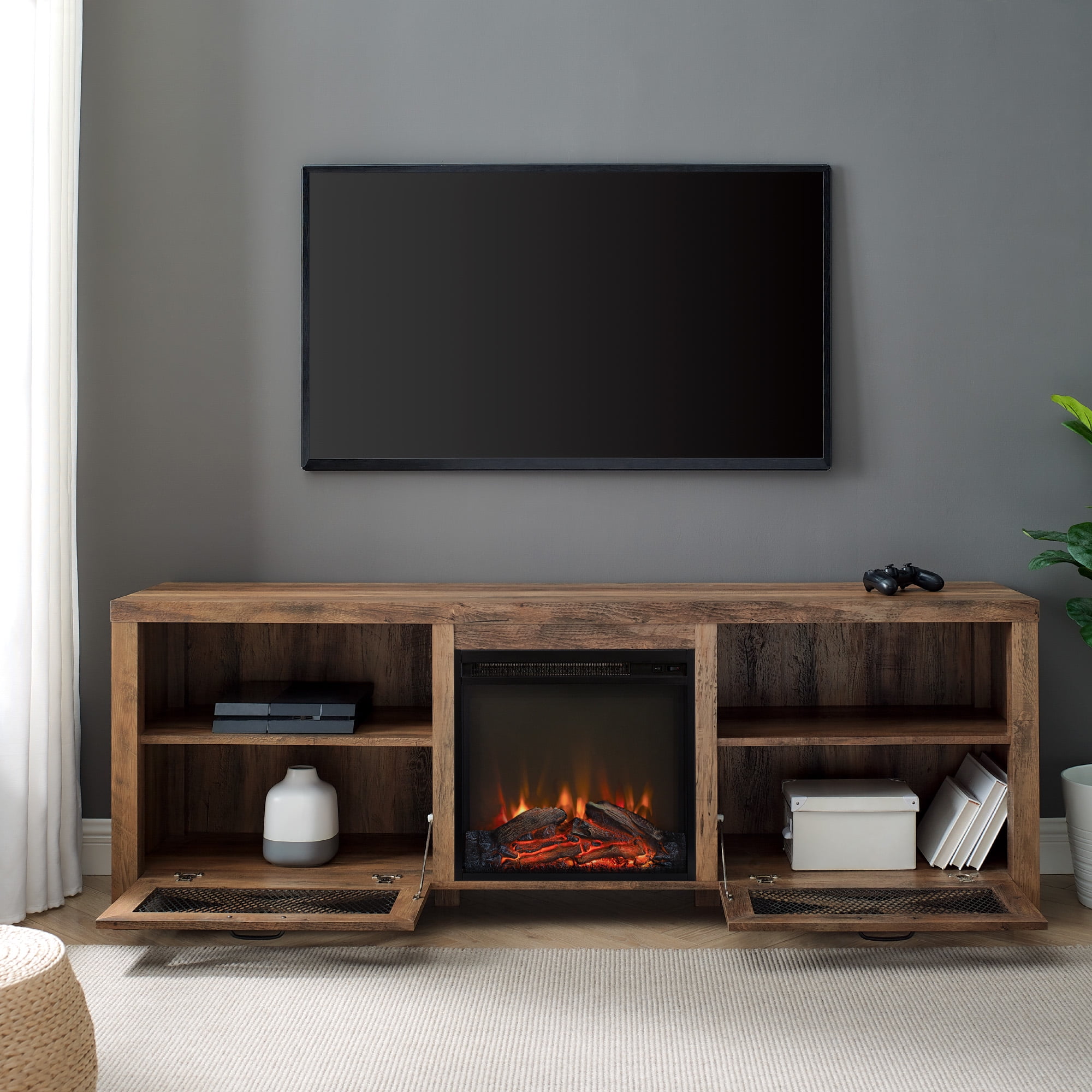 Walker Edison Fireplace TV Stand for TVs up to 80", Reclaimed Barnwood