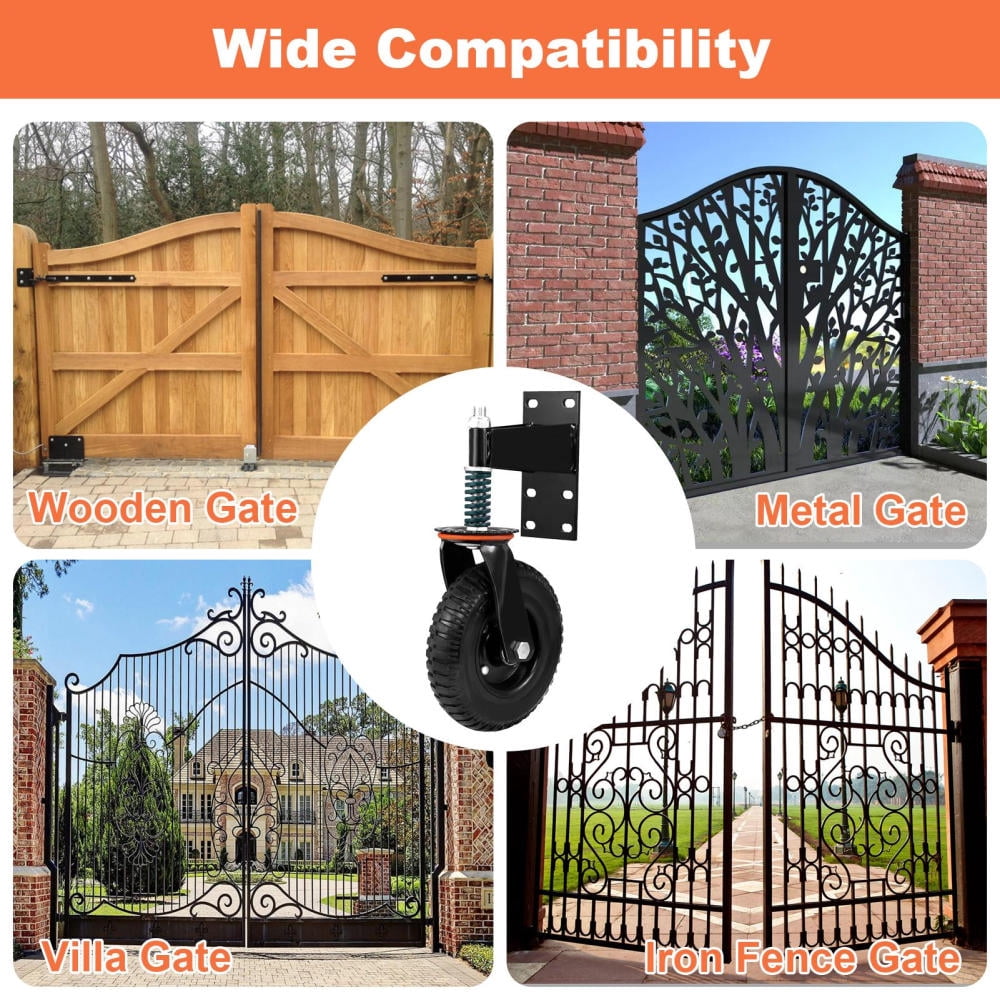 8-Inch Heavy-Duty Spring Loaded Caster Wheels for Metal Tube Gates, 360° Swivel, Supports 600 Lbs, Ideal for Uneven Terrain
