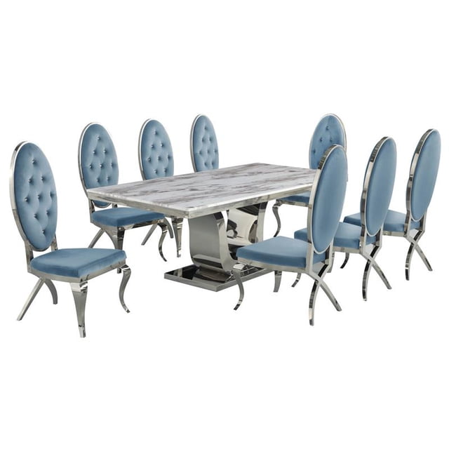 Ensemble de Salle à Manger de 9 Pièces en Acier Inoxydable Argenté avec Table en Marbre et Chaises Sarcelles