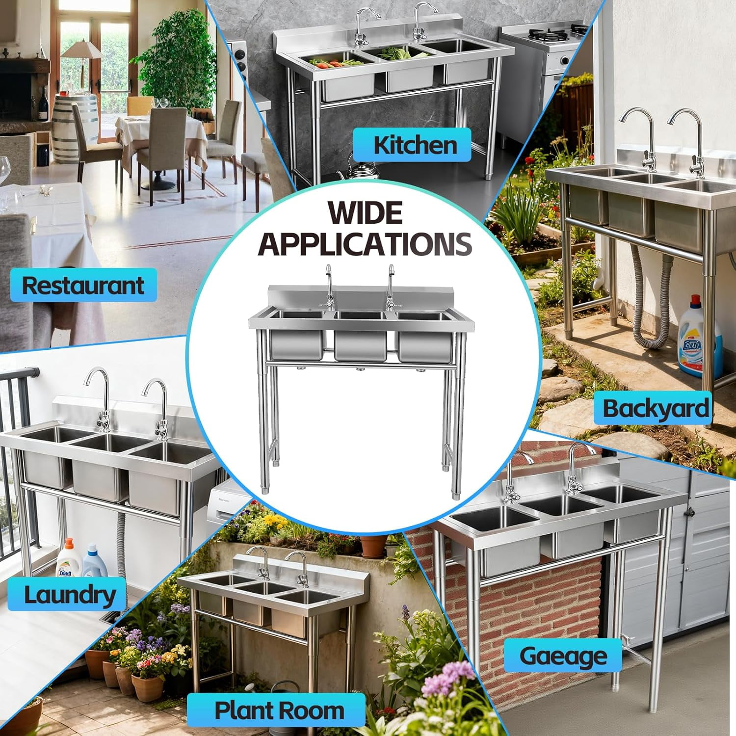 3-Compartment Sink, 39'' x 18'' x 36'' Stainless Steel Utility Sink, Free Standing Three Bowl Kitchen Sink Set with 2 Faucets Hot & Cold Water Pipes for Food Truck, Bar, Restaurant
