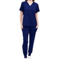 thumbnail image 2 of Conjunto de uniforme exfoliante para mujer, trajes de trabajo, Top de enfermera y pantalones para correr, ropa cómoda con cuello en V, Top exfoliante, Azul, 2 of 8