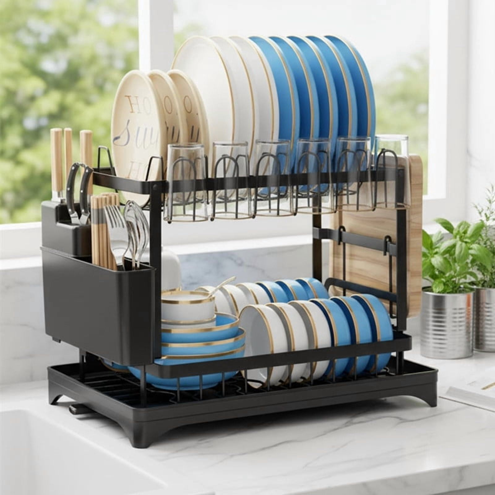 Dish Drying Rack, 2 Tier Large Dish Drying Rack for Kitchen Counter with Drainboard Stainless Steel Dish Drainer for Dish/Knifes/Cup/Cutting Board