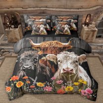 Manfei Animal Highland Cattle Bedding Comforter Set 7pcs for Female Men Women,Rustic Farmhouse Queen Bedding Sets Super Cozy,Chic Floral Flowers Queen Sheet Sets,Super Cozy Room Decor,Reversible