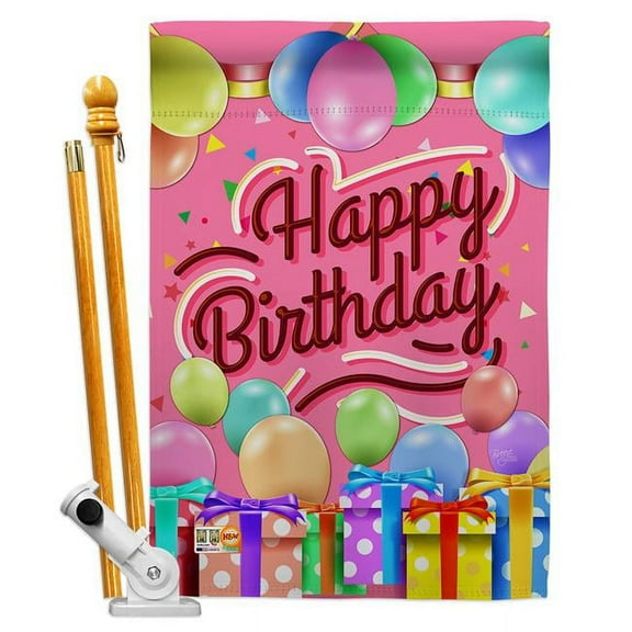 Breeze Decor BD-PC-HS-115133-IP-BO-D-US18-BD 28 x 40 in. Celebrate Happy Birthday Special Occasion Party & Celebration Impressions Decorative Vertical Double Sided House Flag Set & Pole Bracket Hardwa