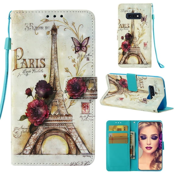 Galaxy S10 Lite Case for Girls Women, Allytech Synthetic Leather Folio Flip Book Cover Design Cards Holder Wallet Case Cover with Hand Strape Stand Case Cover for Samsung Galaxy S10 Lite, Eiffer Towel
