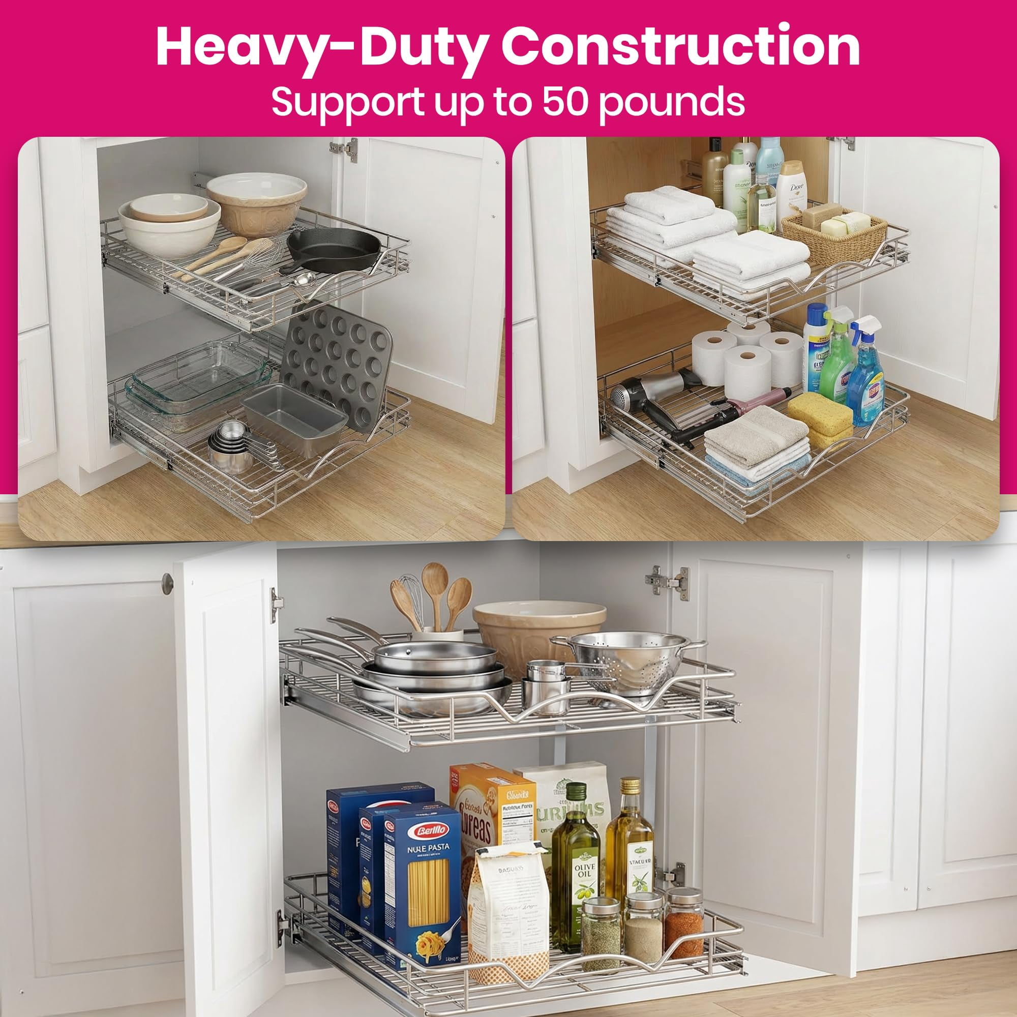 HOLDN' STORAGE 2-Tier Pull Out Cabinet Organizer Heavy Duty Steel Sliding Shelves for Kitchen Pantry and Under Sink Cabinets 8" W x 21" D x 16.5" H