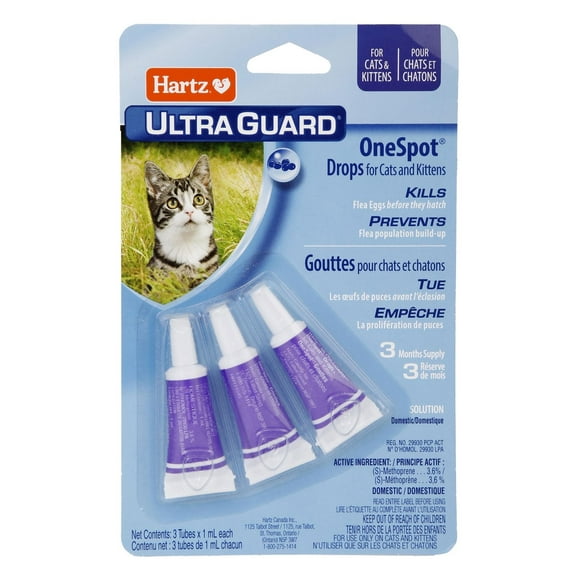 Hartz Ultraguard One Spot Drops Flea and Tick Prevention for Cats And Kittens, Kills and prevents flea eggs and flea larvae. Repeat monthly. Do not use on kittens less than 12 weeks old.
