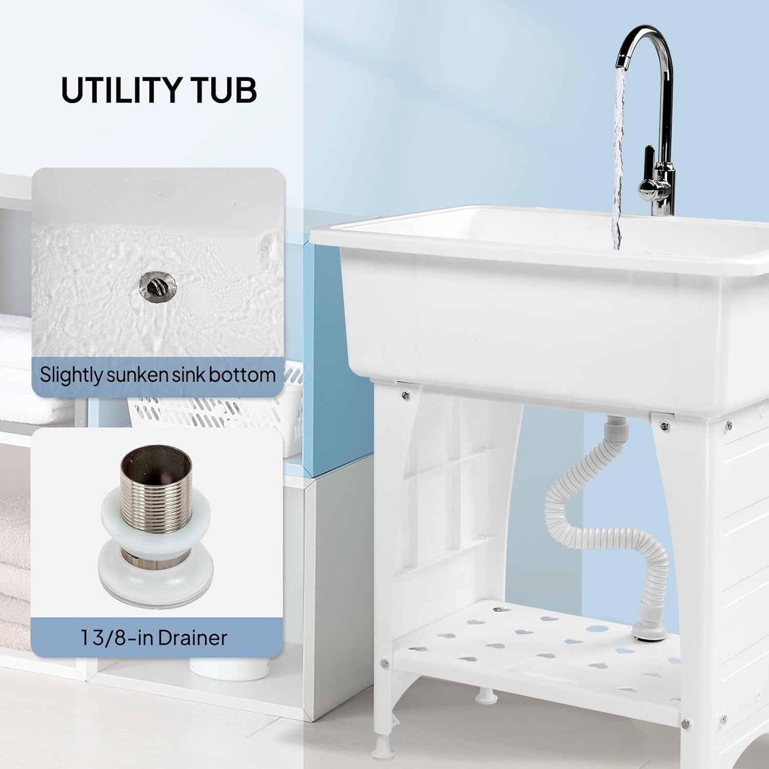 SONGMY Spacious White Utility Sink Laundry Tub for Laundry Room, Garage Washing Station, Slop Sink, Freestanding Sink with Stainless Steel Faucet, Drain, Storage Shelf and Removable Drainboard,White