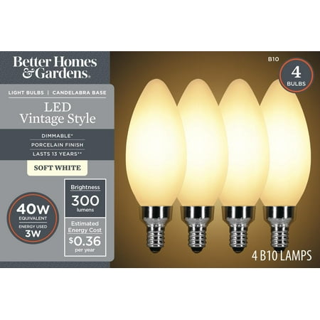 

Better Homes & Gardens B10 Vintage LED Light Bulb 40 watts 2700K Porcelain E12 Dim 4 Pack