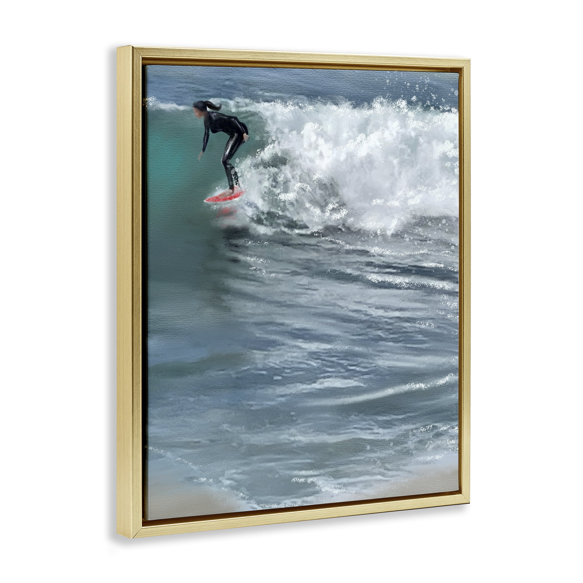 Stupell Industries Cali Surfer Girl Sports Painting Gold Floater Framed Canvas Art Print Wall Art, 25 x 31