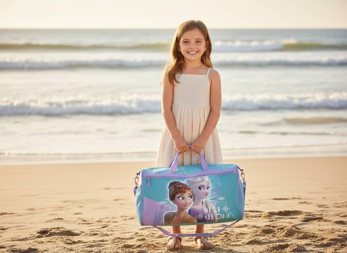 Disney Frozen Girls Duffle Bag  Elsa & Anna Travel Gym Bag with Adjustable Strap, Mesh Side Pockets & Zipper Pocket