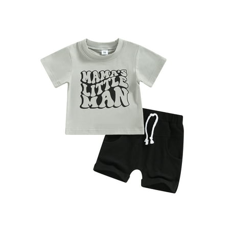 

Qtinghua Toddler Baby Boy Summer Outfits Short Sleeve Mama s Little Man T-Shirts Tops Casual Jogger Shorts Set Gray 0-6 Months