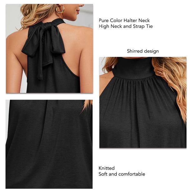Camiseta sin mangas de punto sin mangas con tirantes y cuello alto de Color puro para mujer, camiseta sin mangas con cuello Halter fruncido, camiseta sin mangas de Color liso, negro XXL
