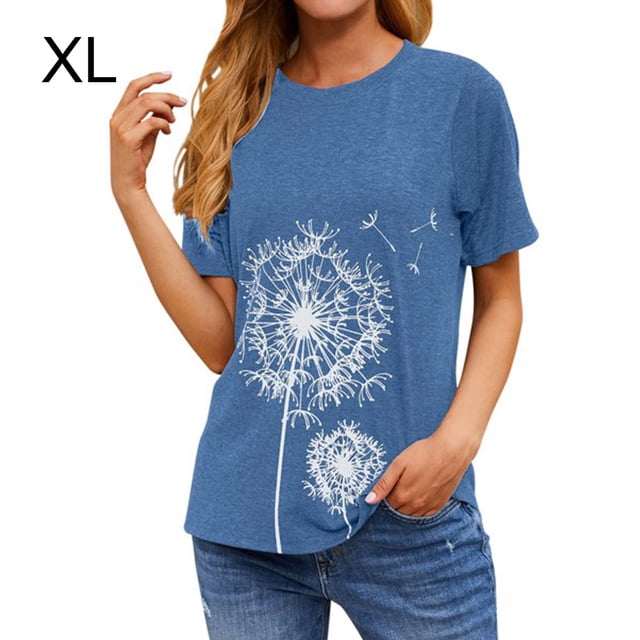 Camiseta Cuello Redondo Estampado Mujer Tops Poliéster Manga corta Tela de verano, Azul claro, XL seitruly AP002414-14