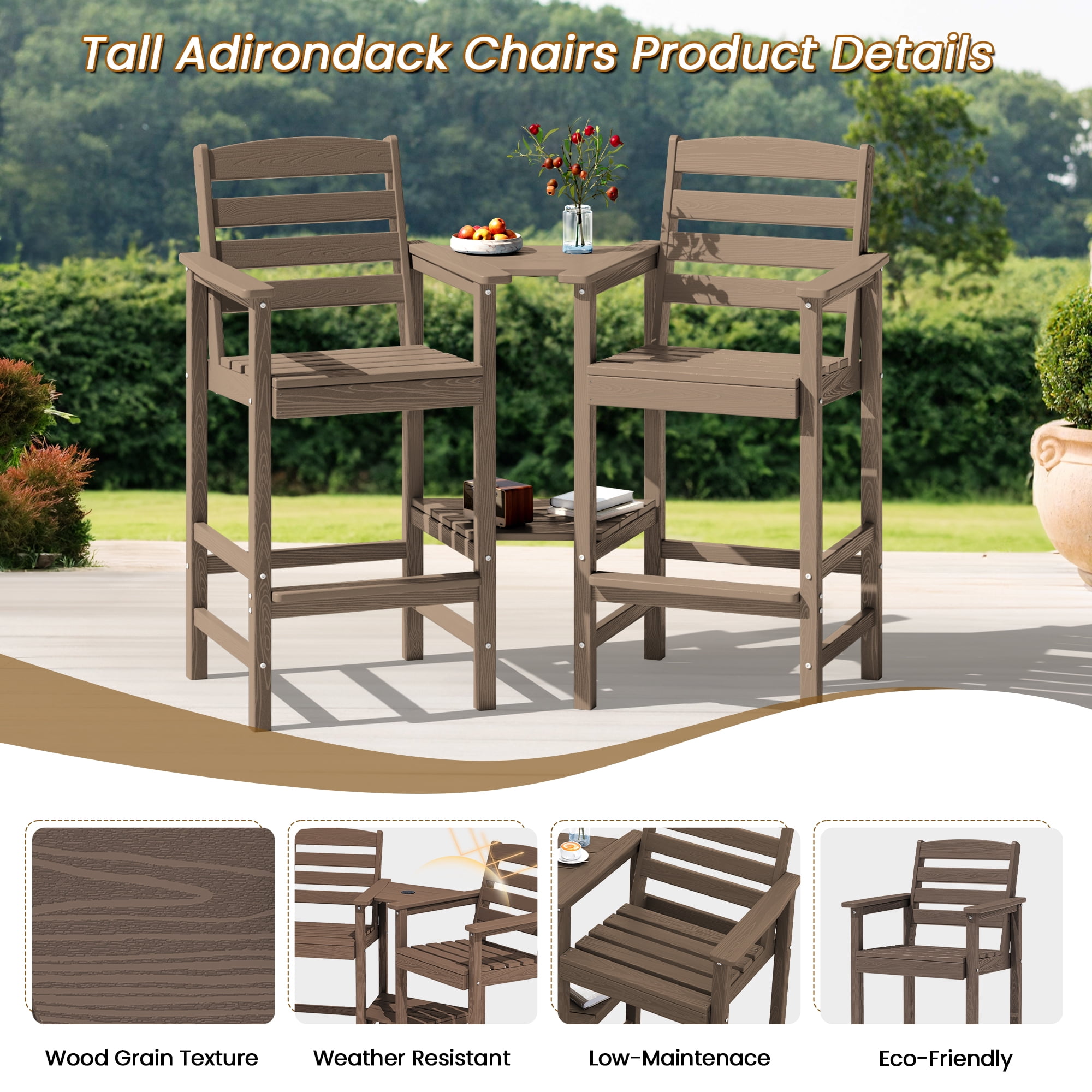 SERWALL Tall Adirondack Chairs Set of 2 with Connecting Table,  HDPE Adirondack Outdoor Barstools, Brown