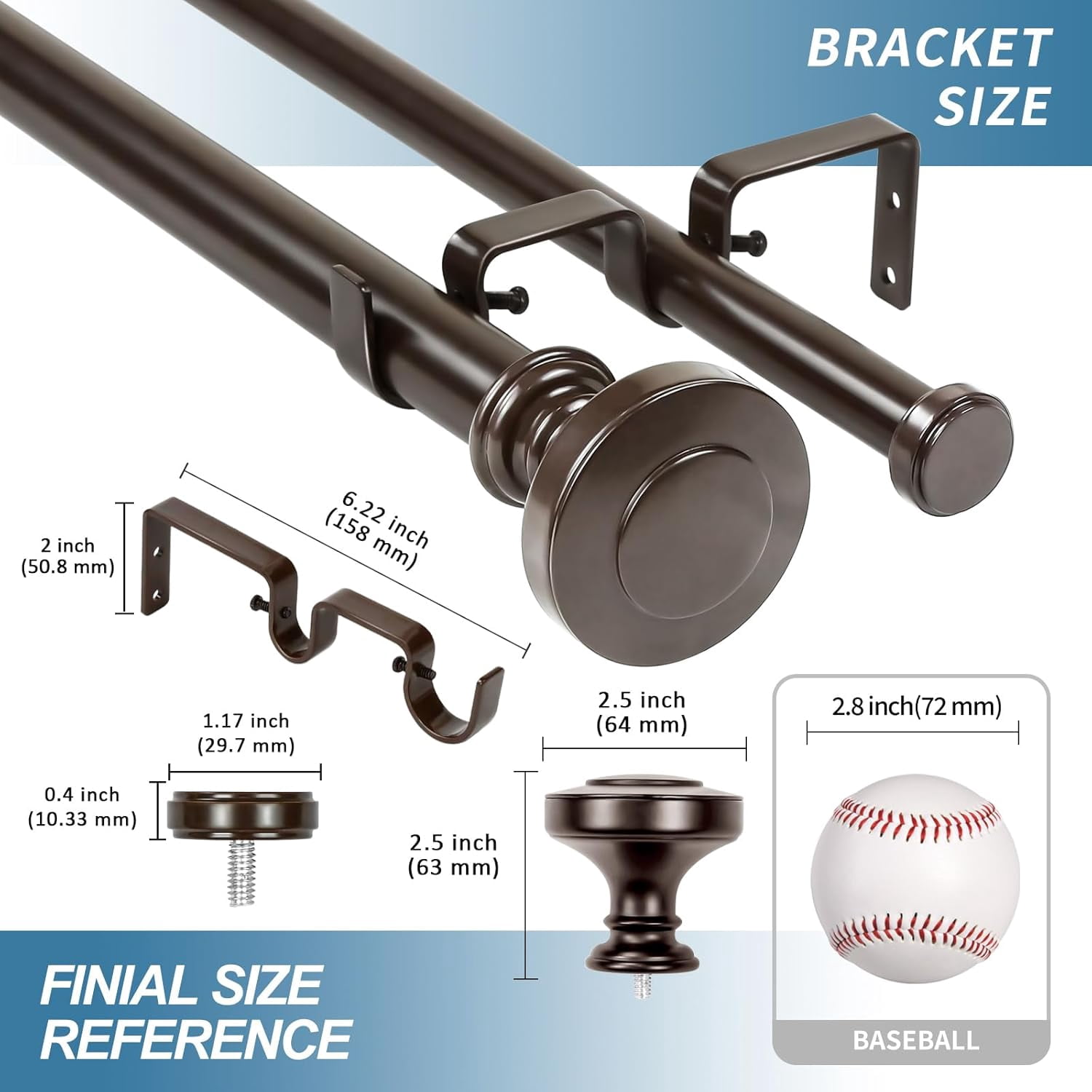 Urbanest Adjustable Double Curtain Rod Set Semplice Flat Button Finials – 1″ Front & 3/4″ Back Rod With Bronze Rod, 28–48 Inches
