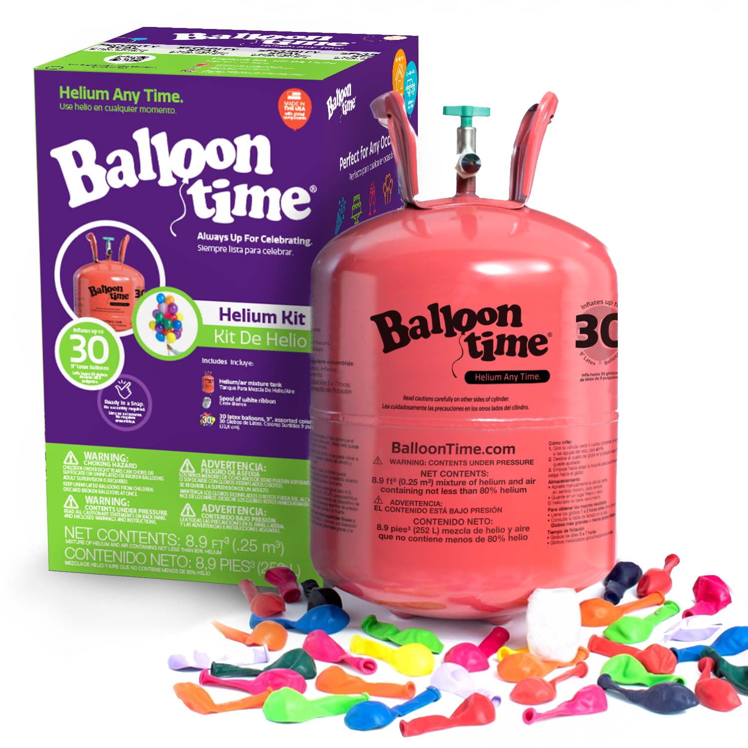 Balloon Time 9.5in Standard Helium Tank Kit with Colorful Latex Balloons