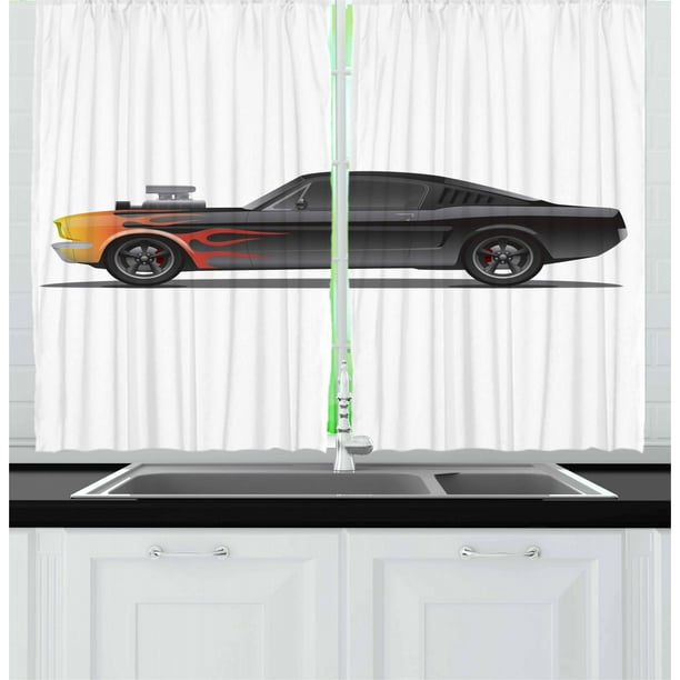 Cars Curtains 2 Panels Set, Custom Design Muscle Car with Supercharger and Flames Roadster Retro