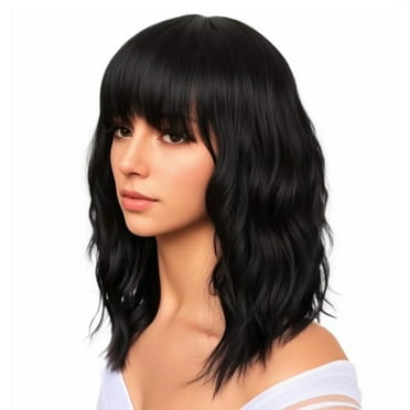 Phocas 12" Short Bob Wigs for Black Women Water Wavy Wig Synthetic Black Wig with Bangs