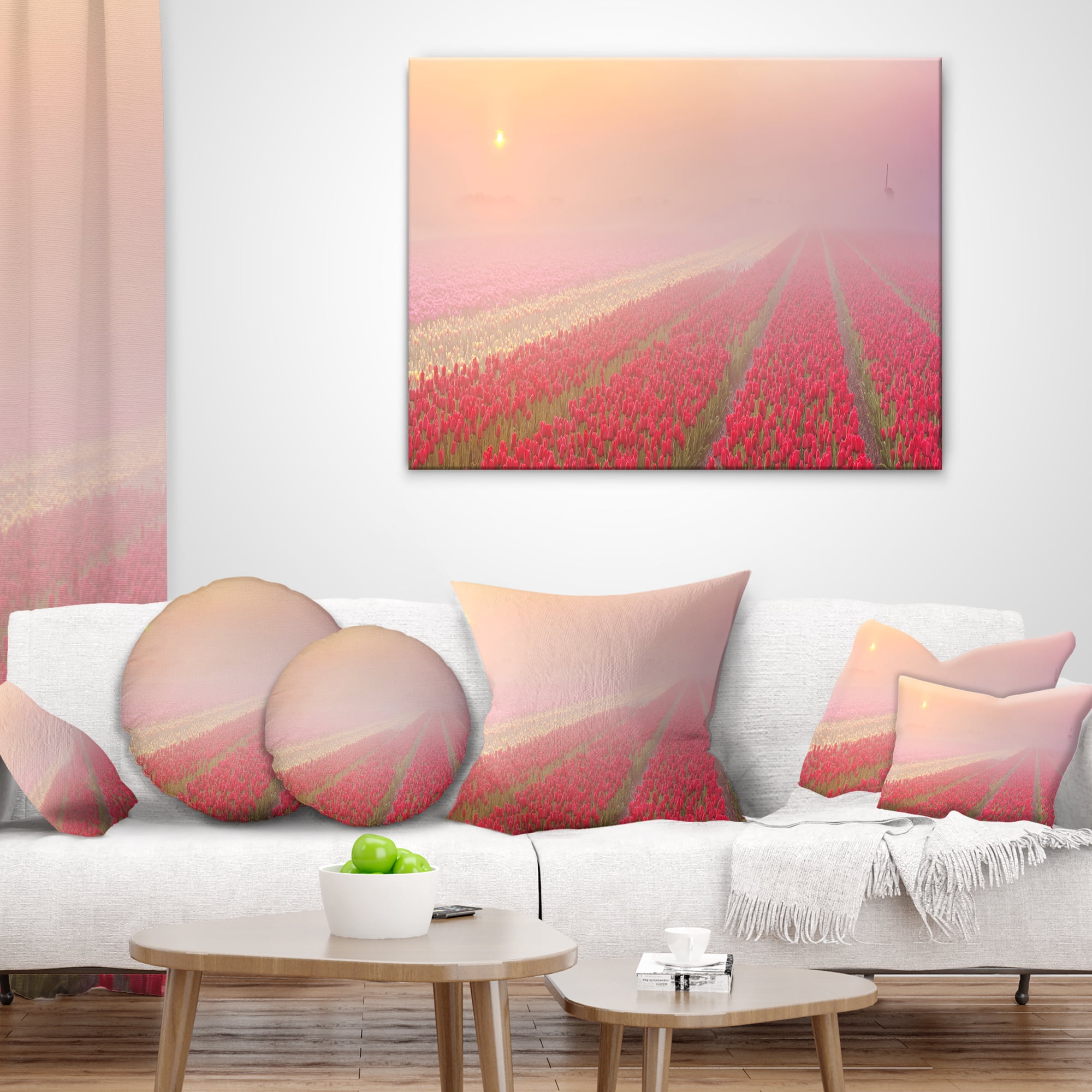 Designart Sunrise over Rows of Tulips - Landscape Printed Throw Pillow - 12x20