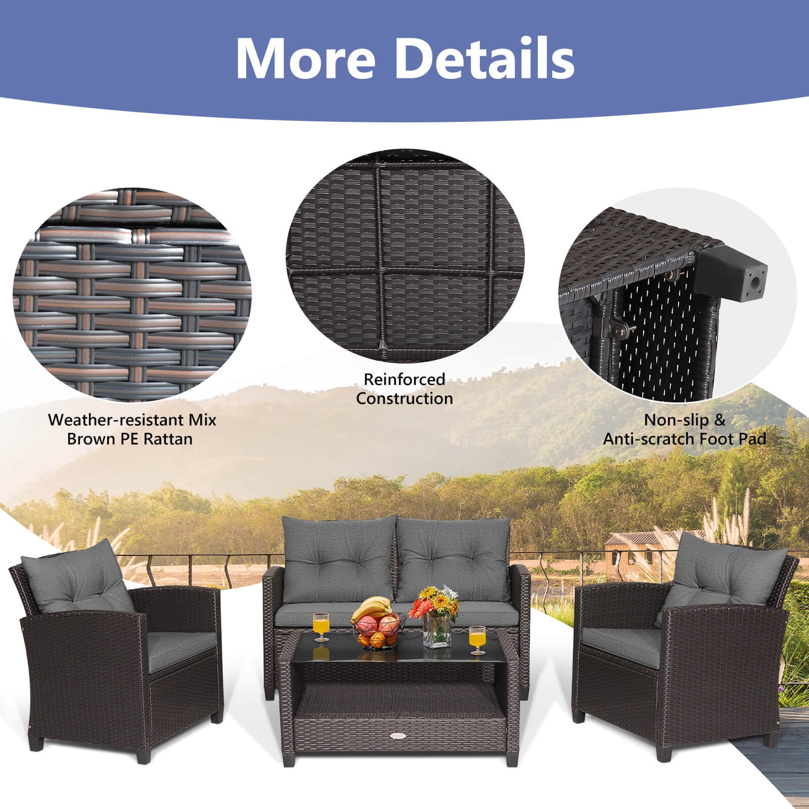 Costway 8 PCS Patio Rattan Furniture Set Glass Table Shelf Sofa Cushion Gray