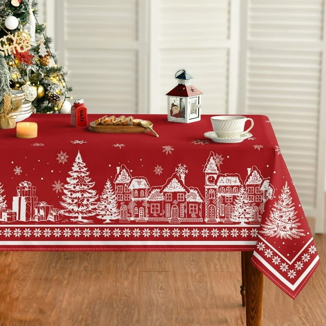 Nappe de Noël 60x60 Pouces Carrée, Maison de Neige Rouge Arbres de Pin Housse de Table Lavable pour Fête Pique-Nique Dîner Décor