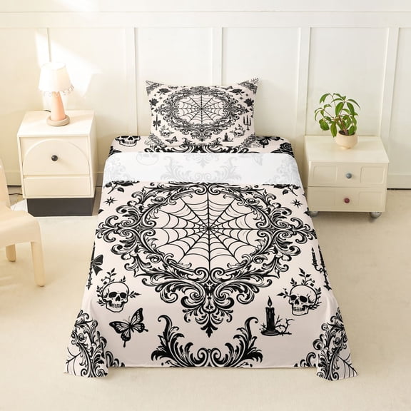 Homewish Spider Web Skull Twin Sheets,Grunge Goth Damask Bedding,Cream,Halloween Bed Set,3 Pieces,1 Fitted Sheet and 1 Pillowcase