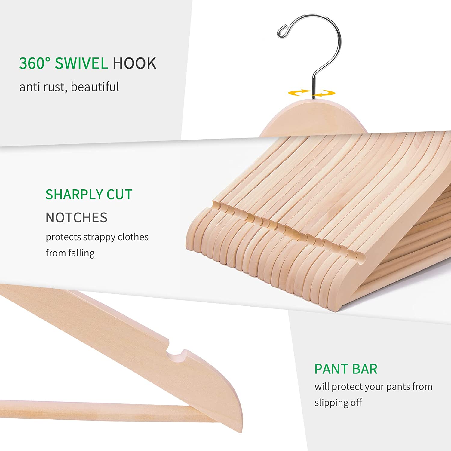 Premium Unfinished Solid Wooden Clothes Hangers 20-Pack with Smooth Notches, Rotating Hook for Coats and Jackets