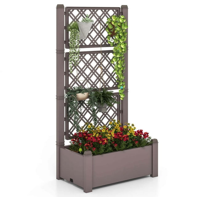 Costway Outdoor Planter Box with Trellis Water Level Indicator Removable Space Dividers Coffee