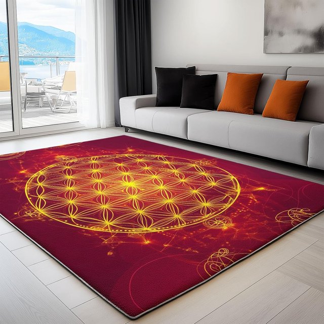 Machine Washable Area Rugs 5x7 ft with Non-Slip Backing Red Colored Flower of Life Low Pile Rug, Ideal for Hallway, Living Room, Bedroom, Kitchen and Laundry Room