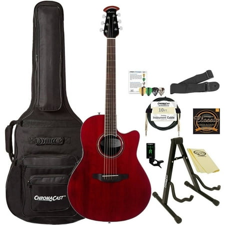 Red Classic Guitar - Ovation Celebrity Standard CS28-RR Super Shallow Acoustic-Electric Guitar (Ruby Red Finish) with ChromaCast Accessories