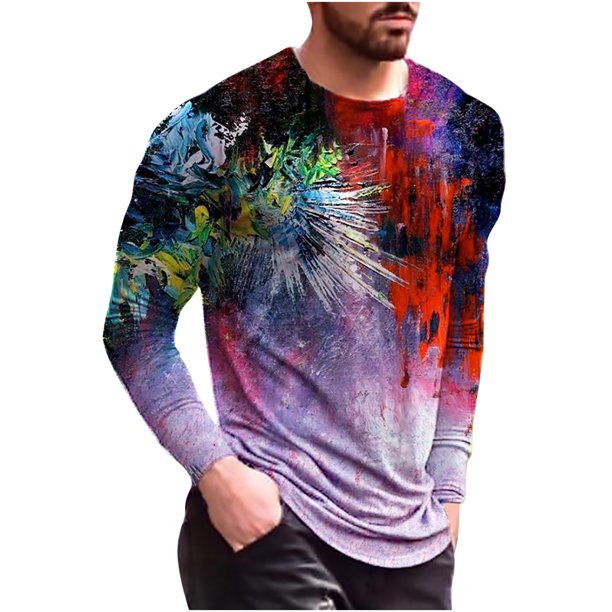 Camiseta informal de manga larga con cuello redondo y estampado de color para hombre Pompotops oipoqjl1814