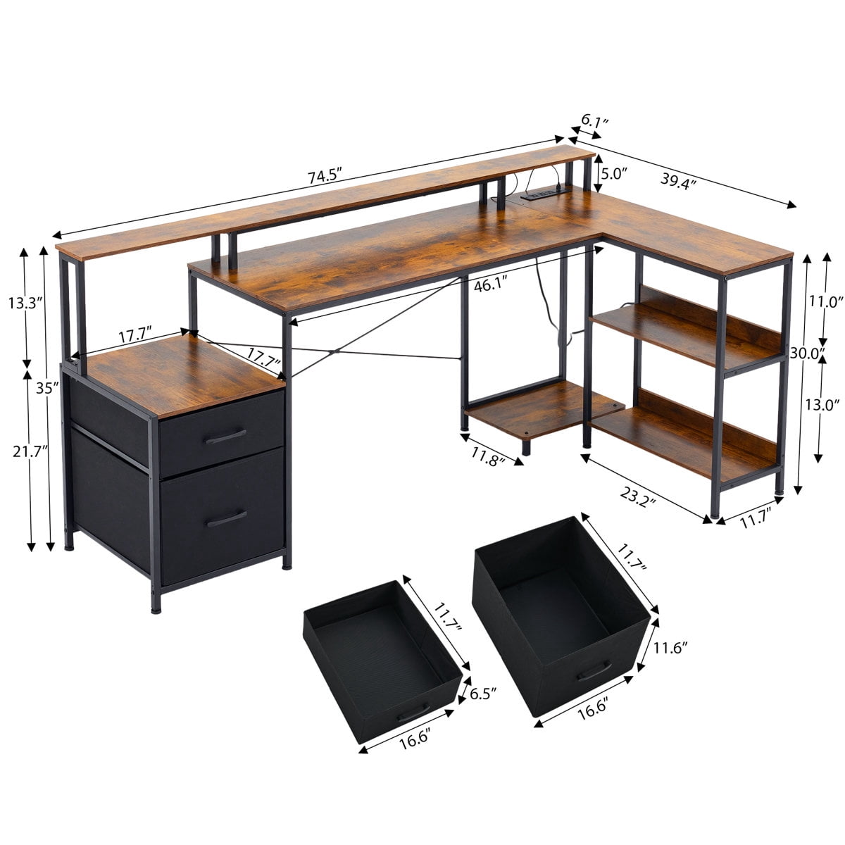 JIOABL Reversible L-Shaped Office Desk with Power Outlet, LED Light, Storage Drawer & Bookshelf, Rust