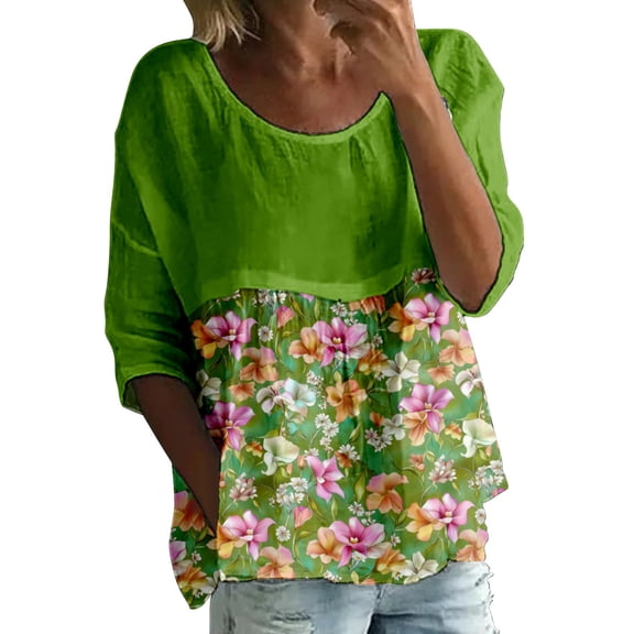 Dyfzdhu Long Sleeve T-shirt For Women Floral Print T Shirt Half Sleeved Round Neck Shirt 3/4 Sleeved T Shirt Loose Large Size T Shirt Casual Top