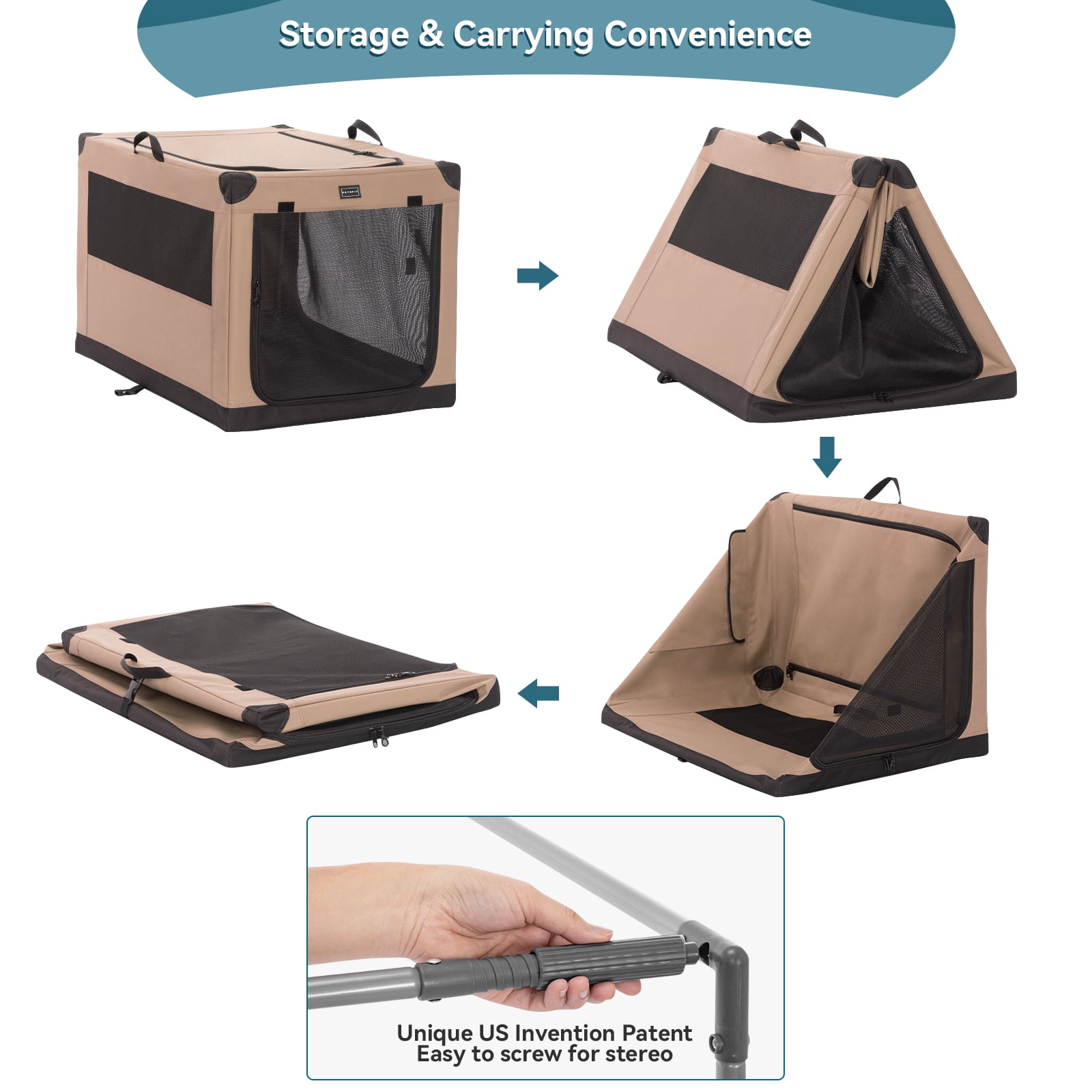 PETSFIT 36 Inch Portable Pet Care Kennel, Adjustable Fabric Cover by Spiral Iron Pipe,3 Door Design,Travel Dog Crate，Khaki