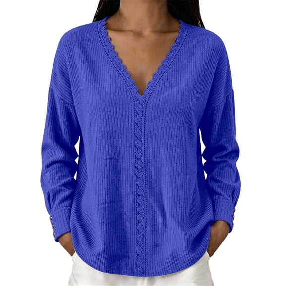 Edvintorg Fall Sweaters for Women V Neck Long Sleeve Casual Pullover Knit Sweater Winter Women Clothing Blue XL