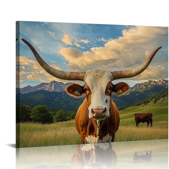 Texas Animal Canvas Wall Art Highland Cattle with Long Horns Picture Longhorn in Sunset Farm Painting for Home Decor Modern Living Room Decorations 4