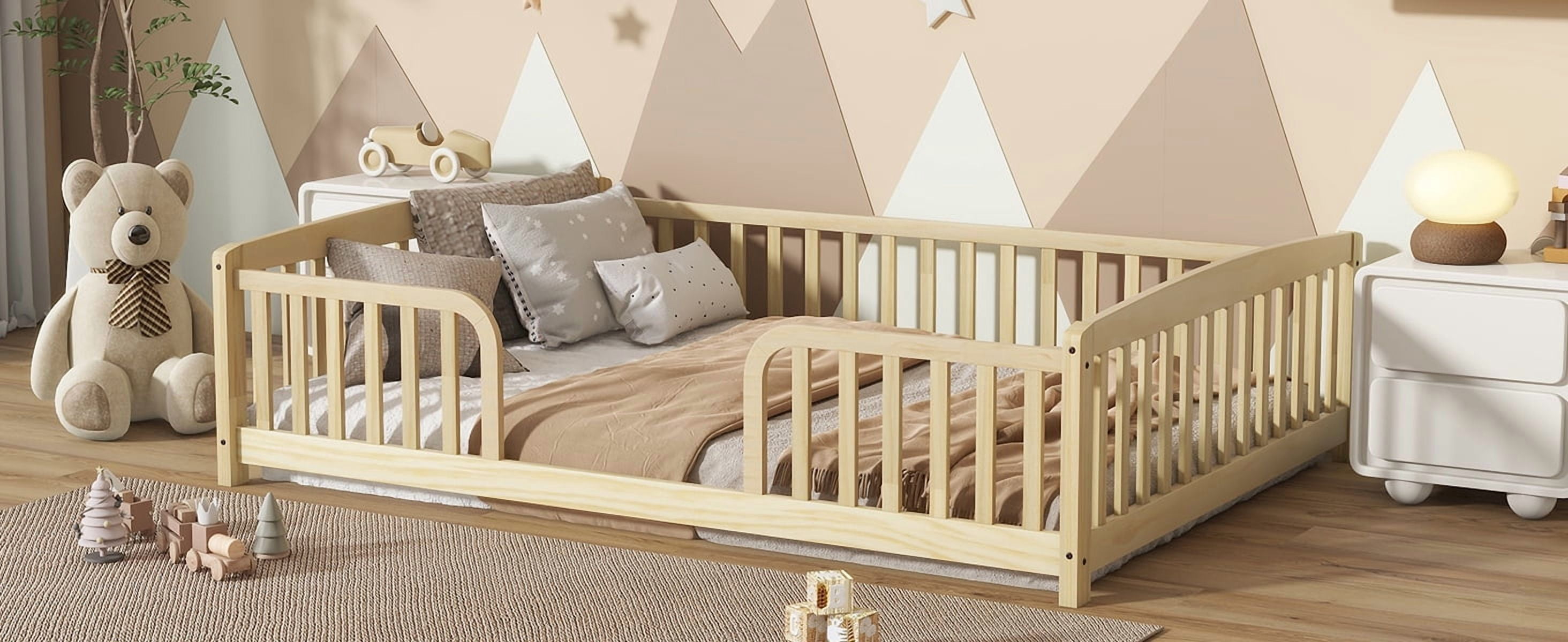 Full Size Natural Pine Wood Floor Bed with Guardrails, Kids Floor Fence Bed with Central Entrance, Rounded Corners, 300 lbs Load, No Box Spring Needed