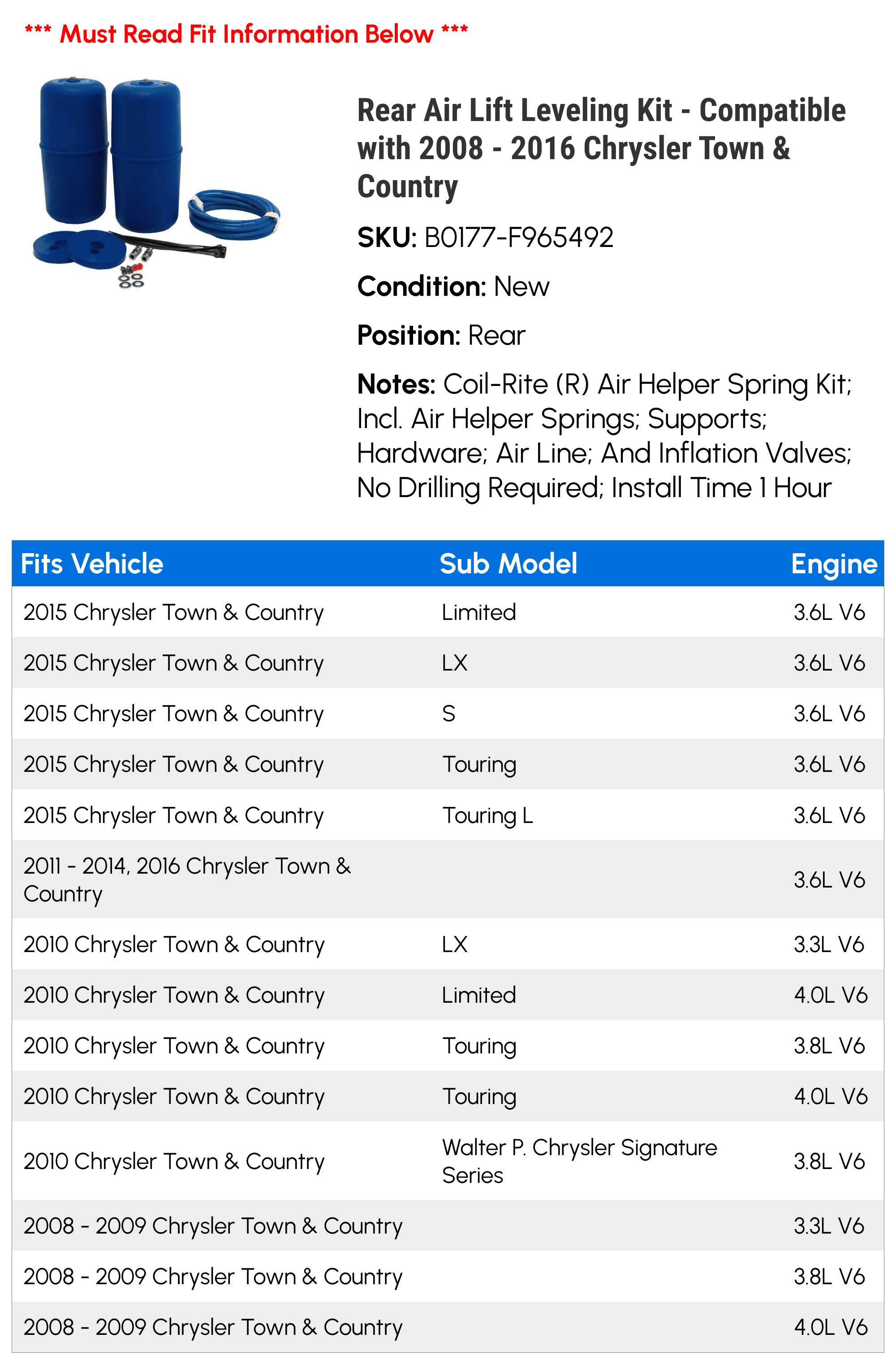 Rear Air Lift Leveling Kit - Compatible with 2008 - 2016 Chrysler Town & Country 2009 2010 2011 2012 2013 2014 2015