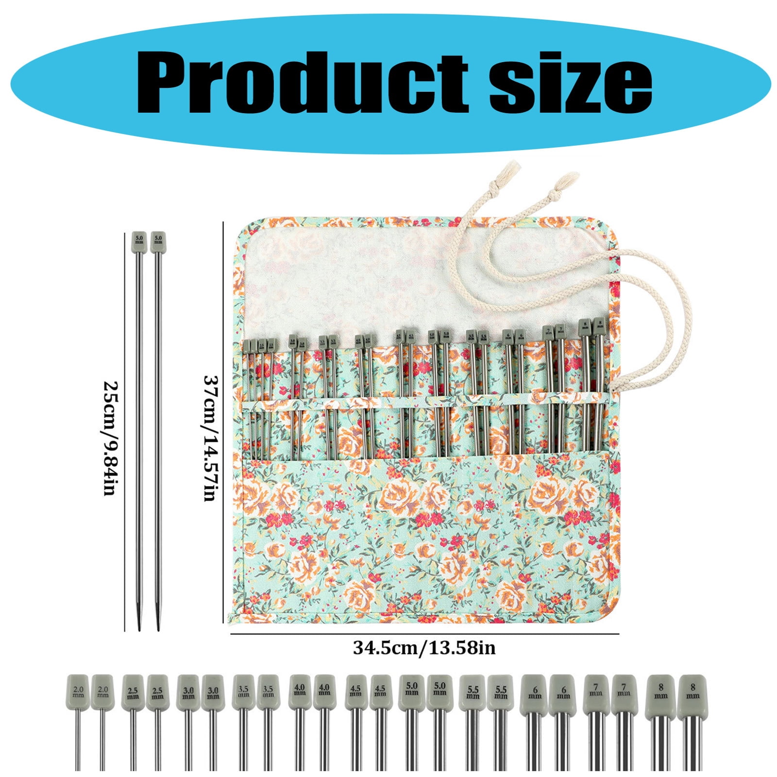 22Pcs Single Pointed Head Knitting Needle Set Long Stainless Steel Straight Knitting Needle for Adult Beginner Knitting