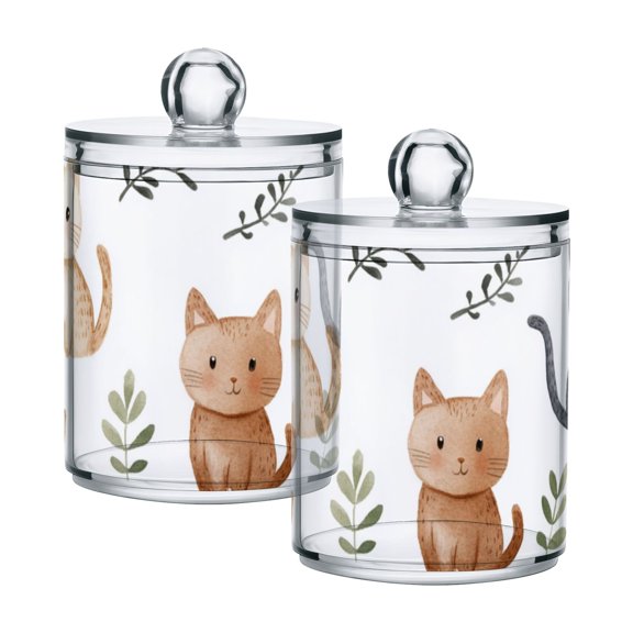 Cute Cats Leaves Watercolor Painting Translucent Plastic Cans Storage Canisters with Lid Set of 2
