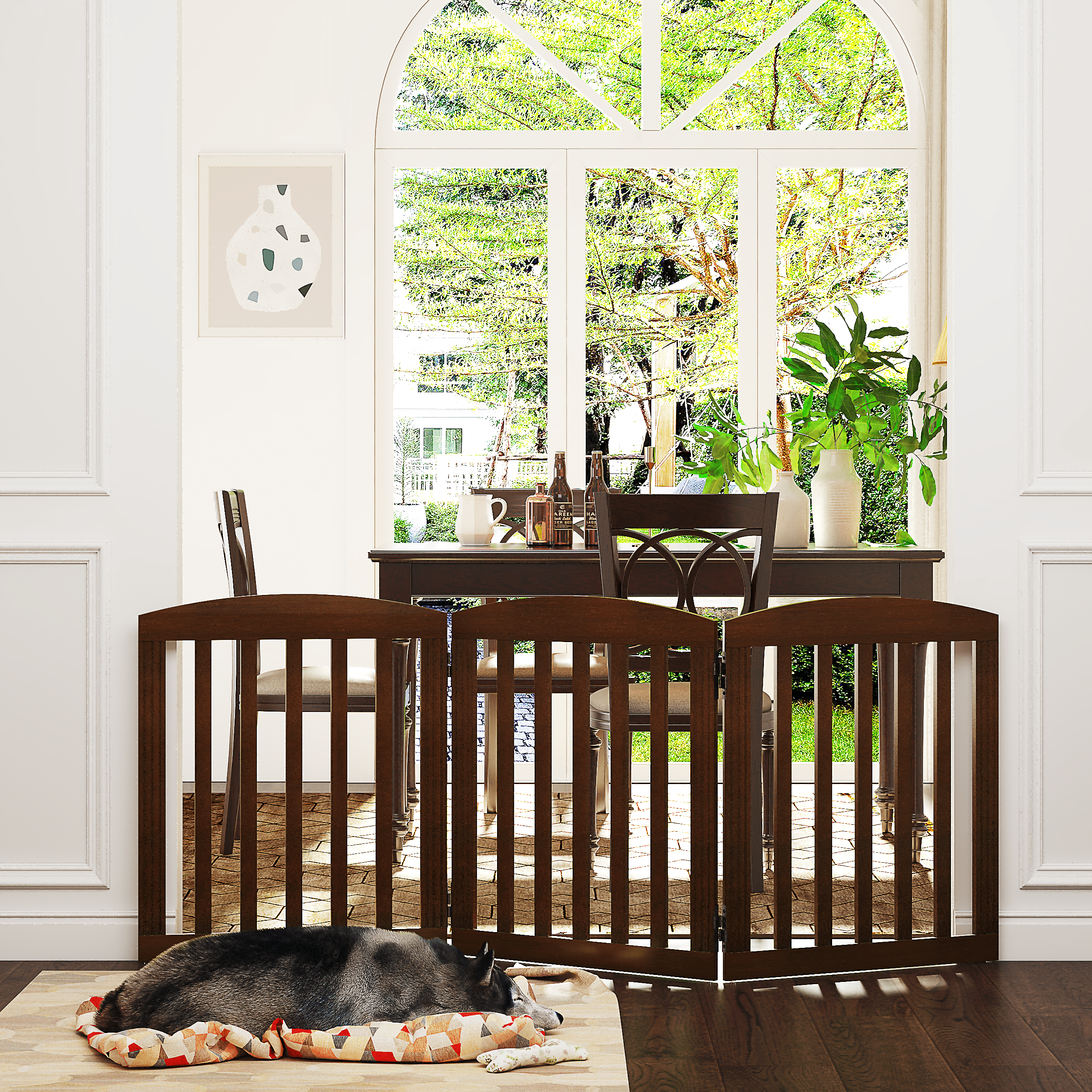 STAROUS Foldable Dog Gate, Dog Gates for Doorways, Stairs, The House, Wooden Freestanding Pet Gate Indoor, Step Over Puppy Gate, 3 Panels, Brown