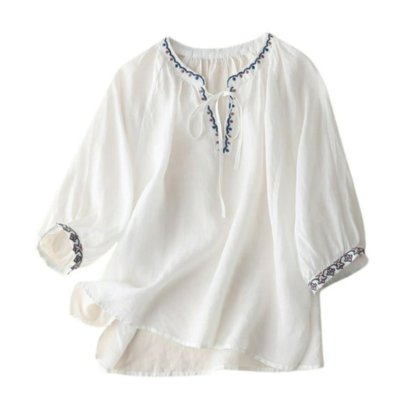 2025 Ladies Fashion Casual Basics for Women and Linen Embroidery V Cotton Long Sleeve Tee Women Neck Point Sleeve Comfortable Turtle Neck T Shirts for Women Loose T Shirt Top