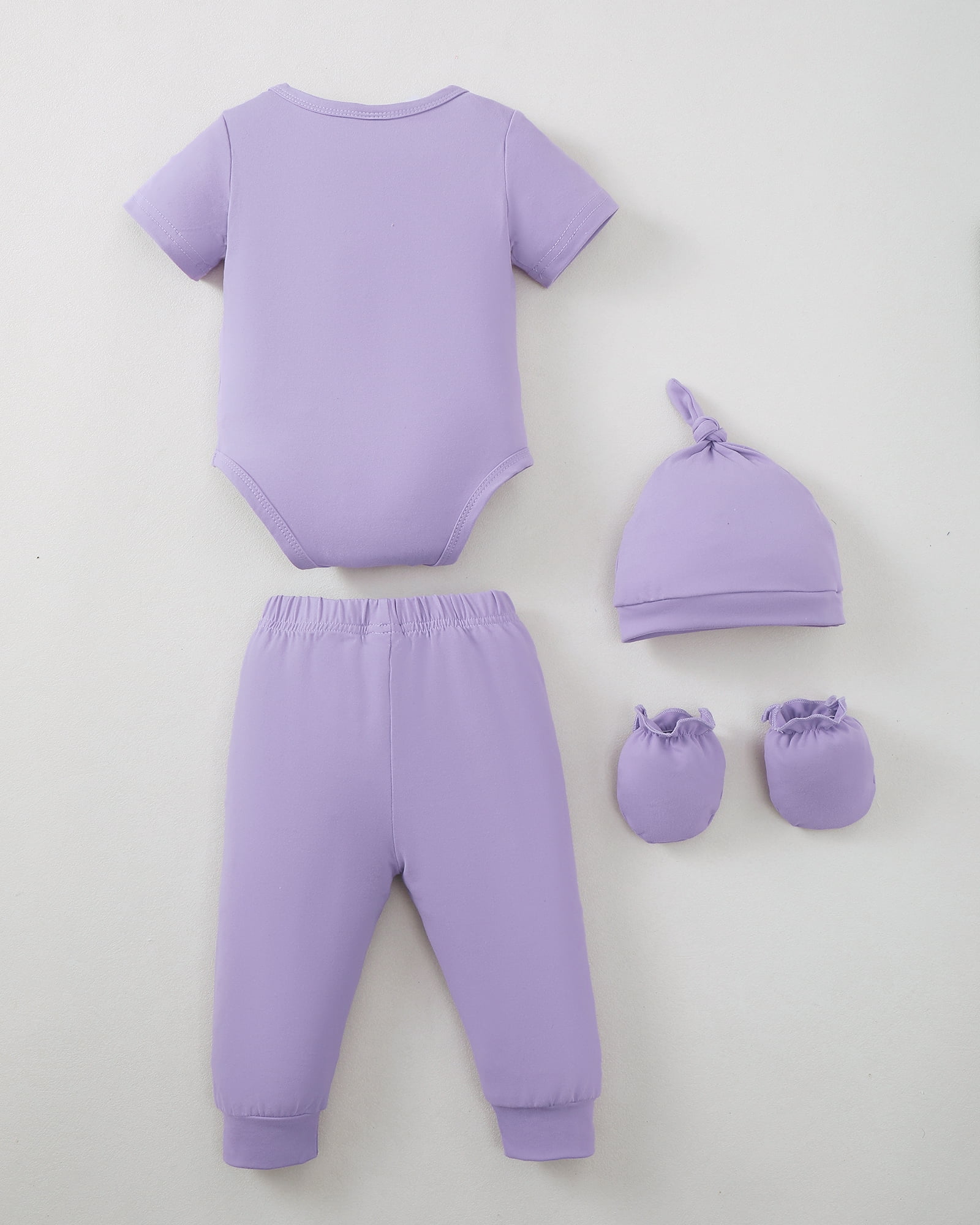 KIMI BEAR Newborn Baby Girls Layette Set 4 Packs 6-12 Months Shower Gifts Essential Clothing Short Sleeves Long Sleeves Romper Top Pants and Bodysuit with Hats and Gloves 15pcs Clothes Purple