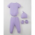 thumbnail image 5 of KIMI BEAR Newborn Baby Girls Layette Set 4 Packs 0-3 Months Shower Gifts Essential Clothing Short Sleeves Long Sleeves Romper Top Pants and Bodysuit with Hats and Gloves 15pcs Clothes Purple, 5 of 9
